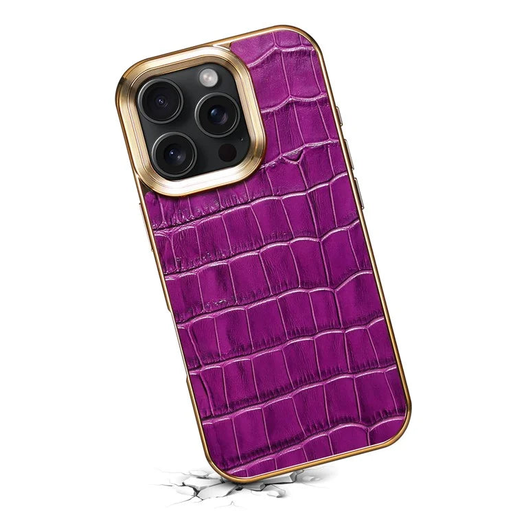 For iPhone 16 Pro Case Genuine Cow Leather Crocodile Texture Electroplating Phone Cover