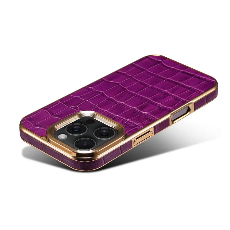 For iPhone 16 Pro Case Genuine Cow Leather Crocodile Texture Electroplating Phone Cover