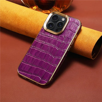 For iPhone 16 Pro Case Genuine Cow Leather Crocodile Texture Electroplating Phone Cover