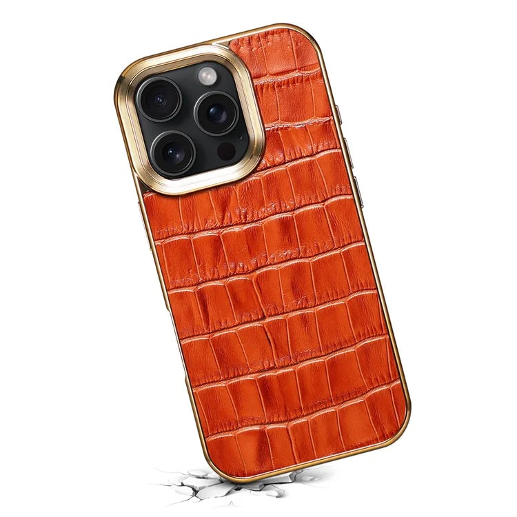 For iPhone 16 Pro Case Genuine Cow Leather Crocodile Texture Electroplating Phone Cover