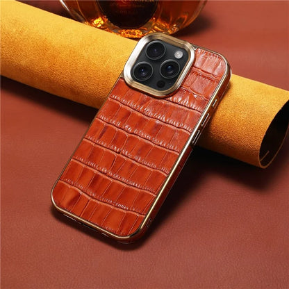 For iPhone 16 Pro Case Genuine Cow Leather Crocodile Texture Electroplating Phone Cover