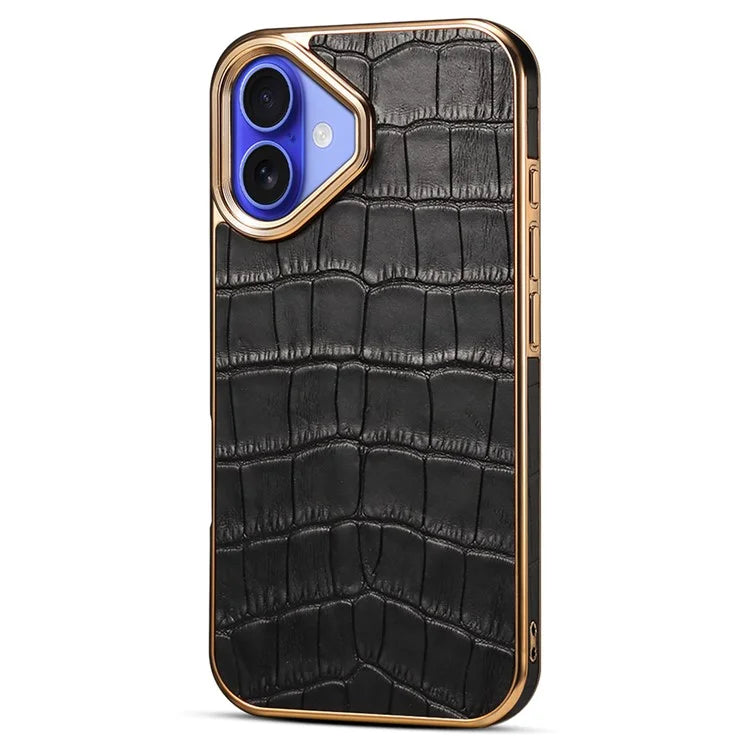 For iPhone 16 Plus Case Genuine Cow Leather Crocodile Texture Electroplating Phone Cover