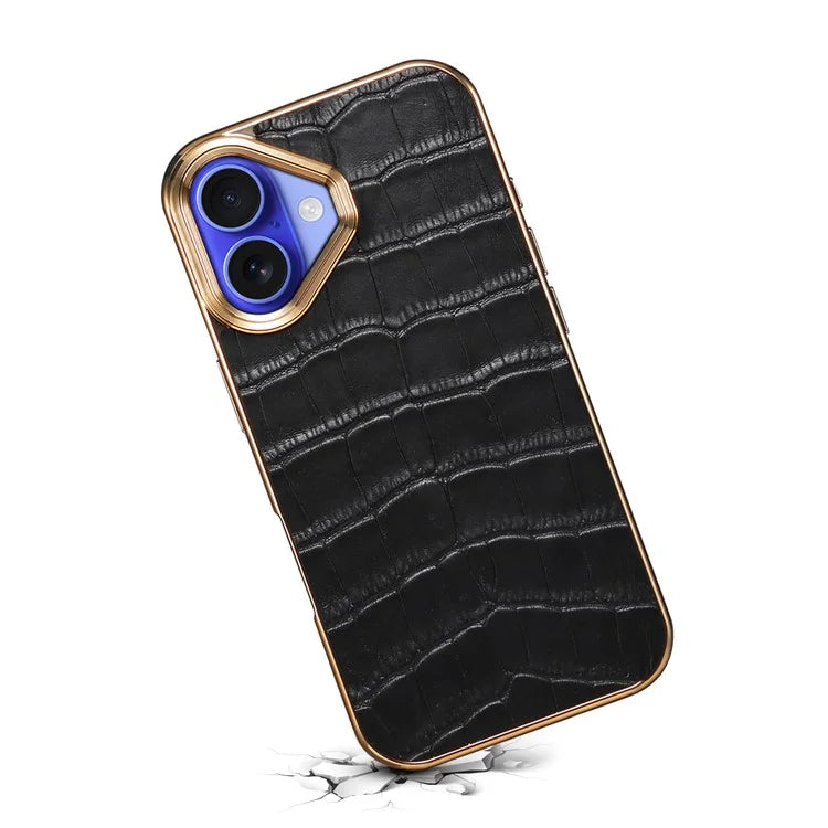 For iPhone 16 Plus Case Genuine Cow Leather Crocodile Texture Electroplating Phone Cover