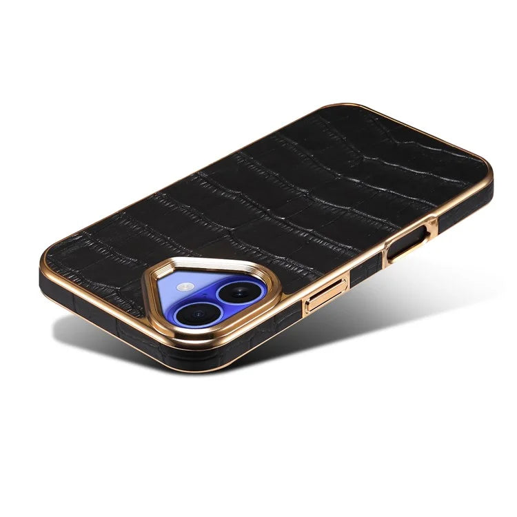 For iPhone 16 Plus Case Genuine Cow Leather Crocodile Texture Electroplating Phone Cover