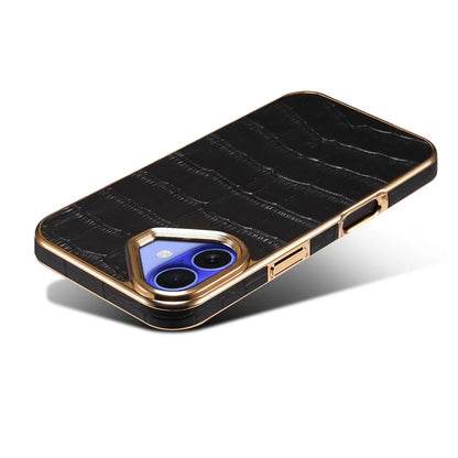 For iPhone 16 Plus Case Genuine Cow Leather Crocodile Texture Electroplating Phone Cover