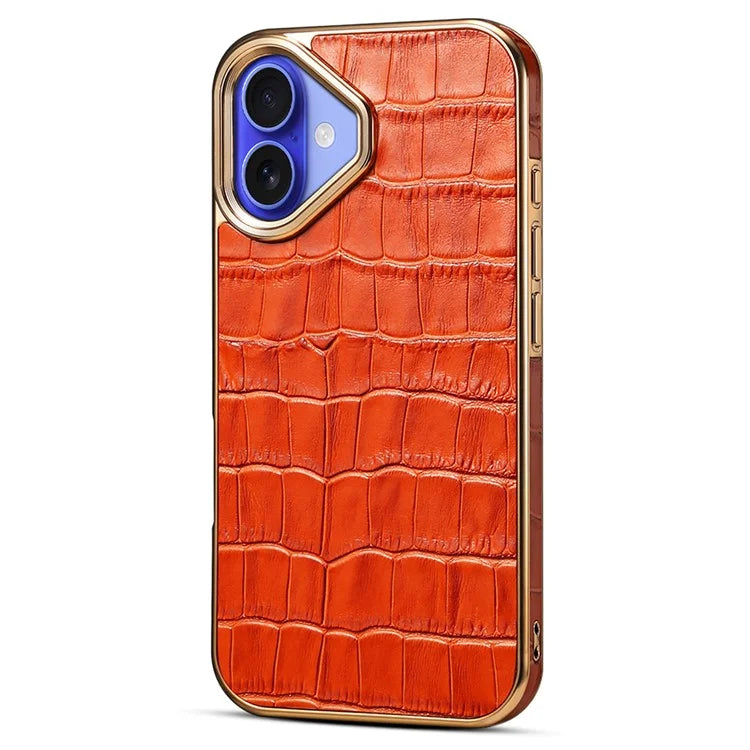 For iPhone 16 Plus Case Genuine Cow Leather Crocodile Texture Electroplating Phone Cover