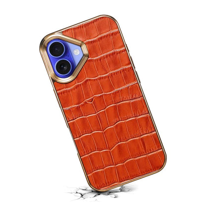 For iPhone 16 Plus Case Genuine Cow Leather Crocodile Texture Electroplating Phone Cover