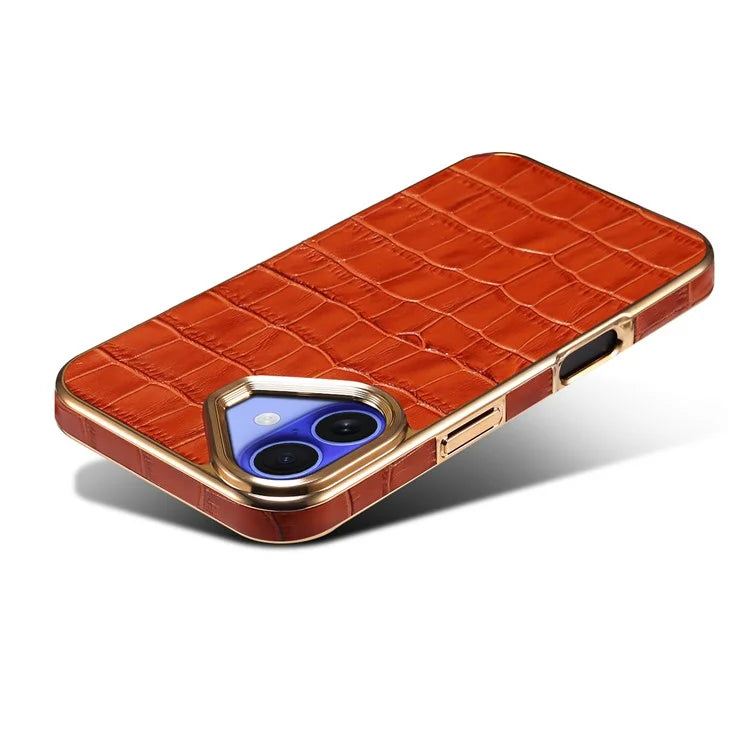 For iPhone 16 Plus Case Genuine Cow Leather Crocodile Texture Electroplating Phone Cover