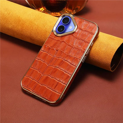 For iPhone 16 Plus Case Genuine Cow Leather Crocodile Texture Electroplating Phone Cover