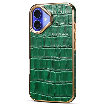 For iPhone 16 Plus Case Genuine Cow Leather Crocodile Texture Electroplating Phone Cover