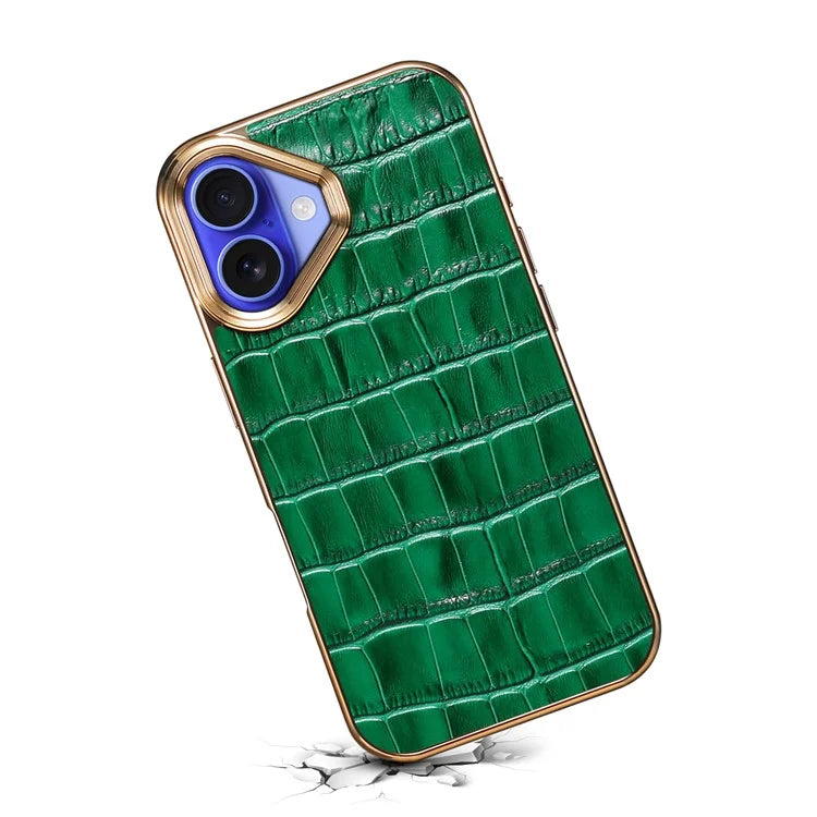 For iPhone 16 Plus Case Genuine Cow Leather Crocodile Texture Electroplating Phone Cover