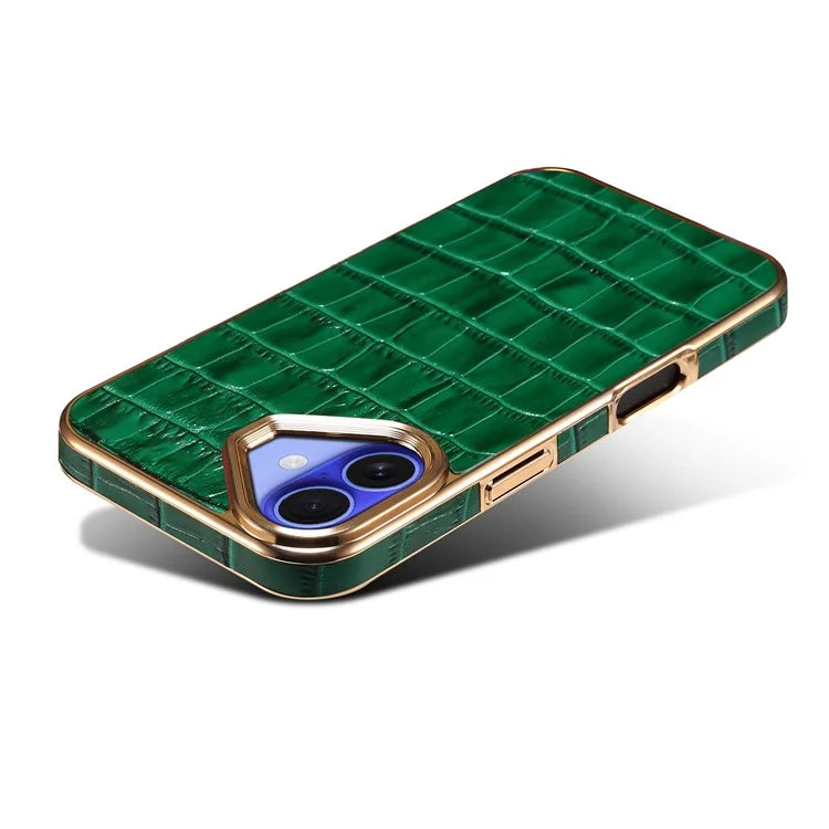 For iPhone 16 Plus Case Genuine Cow Leather Crocodile Texture Electroplating Phone Cover
