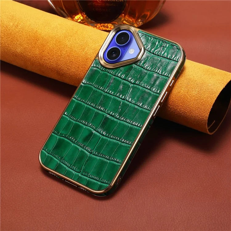 For iPhone 16 Plus Case Genuine Cow Leather Crocodile Texture Electroplating Phone Cover