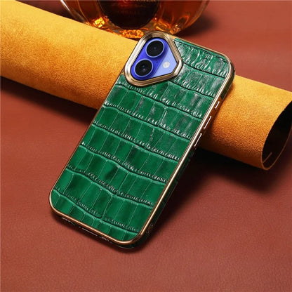 For iPhone 16 Plus Case Genuine Cow Leather Crocodile Texture Electroplating Phone Cover