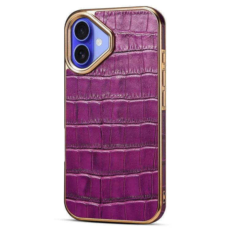 For iPhone 16 Plus Case Genuine Cow Leather Crocodile Texture Electroplating Phone Cover