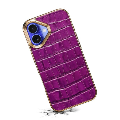 For iPhone 16 Plus Case Genuine Cow Leather Crocodile Texture Electroplating Phone Cover