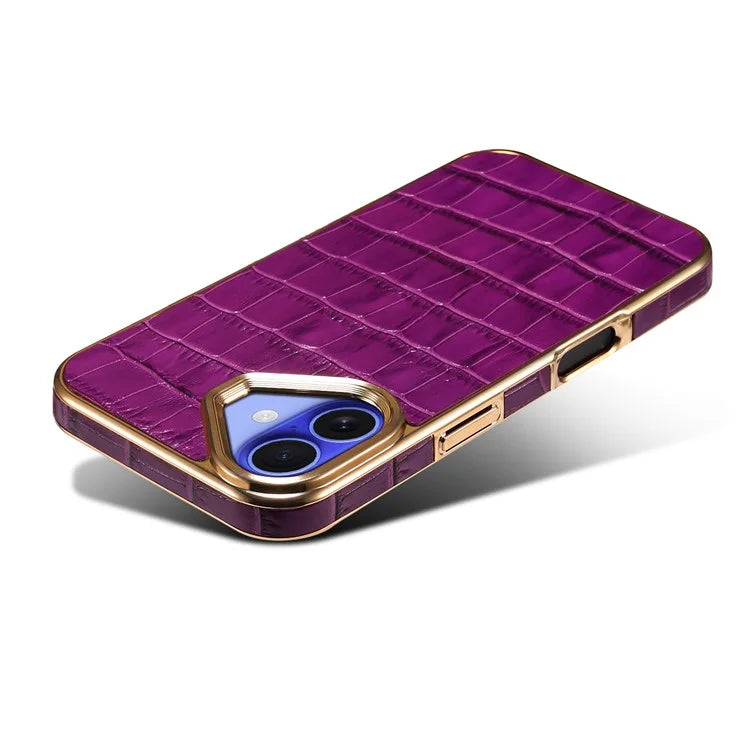 For iPhone 16 Plus Case Genuine Cow Leather Crocodile Texture Electroplating Phone Cover
