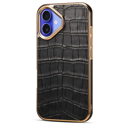 For iPhone 16 Case Genuine Cow Leather Crocodile Texture Electroplating Phone Cover