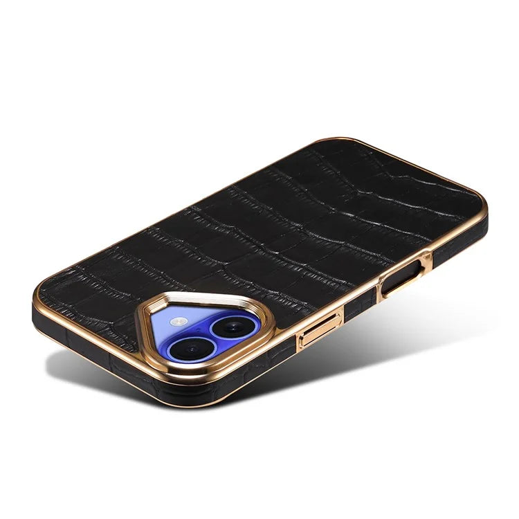 For iPhone 16 Case Genuine Cow Leather Crocodile Texture Electroplating Phone Cover