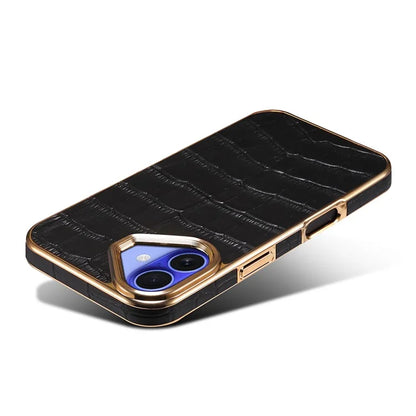 For iPhone 16 Case Genuine Cow Leather Crocodile Texture Electroplating Phone Cover