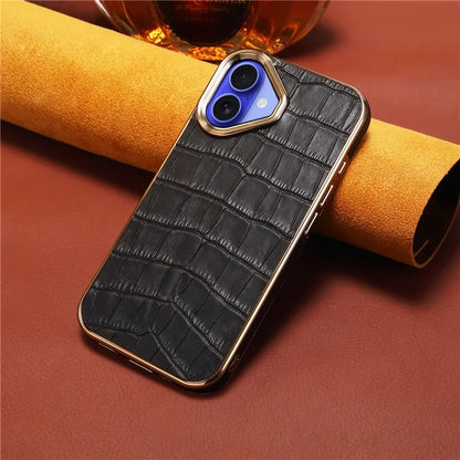 For iPhone 16 Case Genuine Cow Leather Crocodile Texture Electroplating Phone Cover