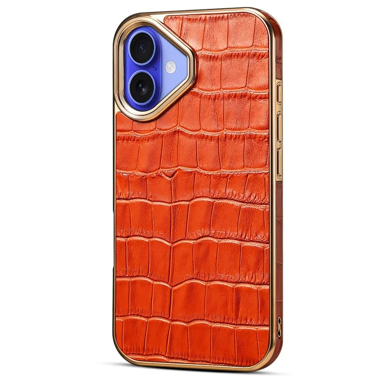For iPhone 16 Case Genuine Cow Leather Crocodile Texture Electroplating Phone Cover