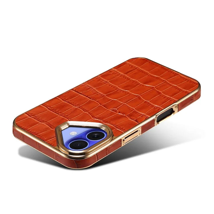 For iPhone 16 Case Genuine Cow Leather Crocodile Texture Electroplating Phone Cover