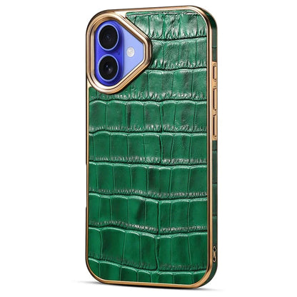 For iPhone 16 Case Genuine Cow Leather Crocodile Texture Electroplating Phone Cover