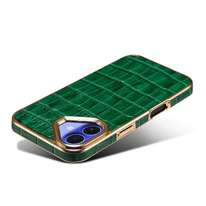 For iPhone 16 Case Genuine Cow Leather Crocodile Texture Electroplating Phone Cover