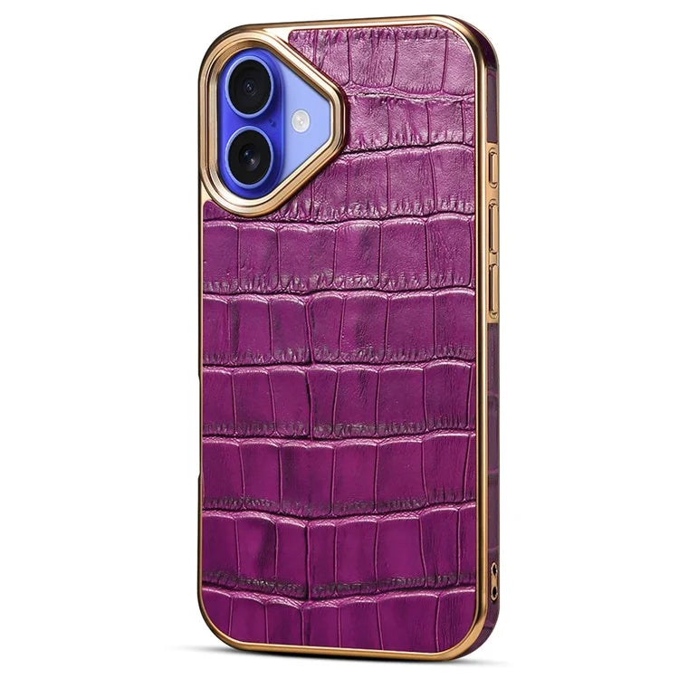 For iPhone 16 Case Genuine Cow Leather Crocodile Texture Electroplating Phone Cover