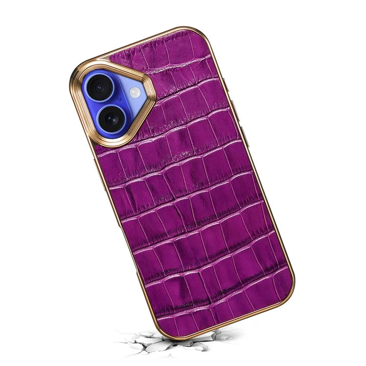 For iPhone 16 Case Genuine Cow Leather Crocodile Texture Electroplating Phone Cover