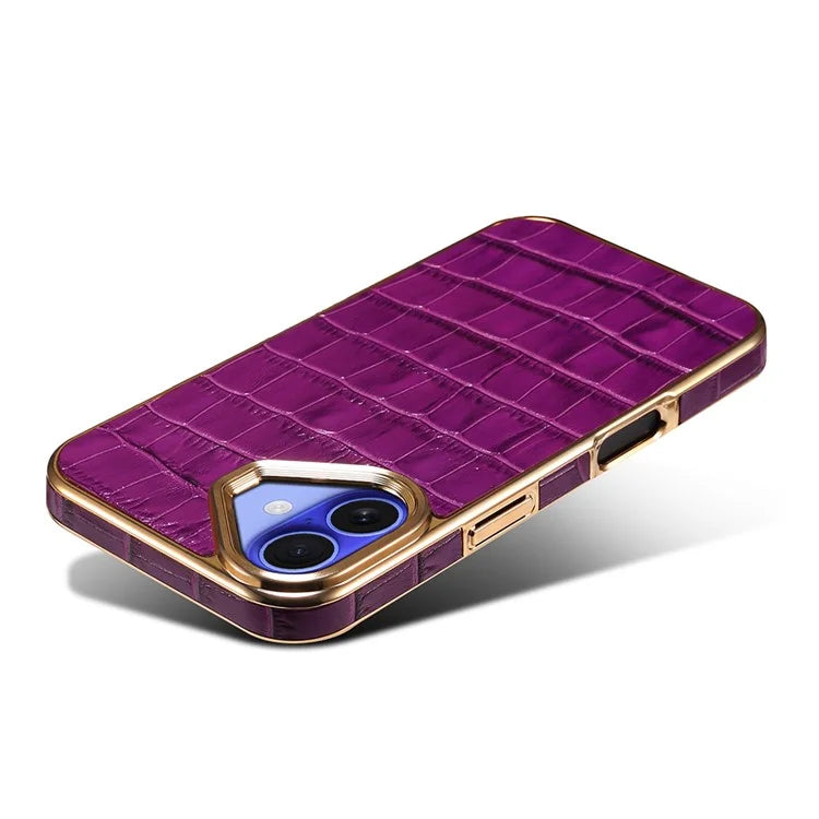 For iPhone 16 Case Genuine Cow Leather Crocodile Texture Electroplating Phone Cover