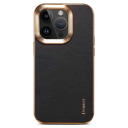 DENIOR For iPhone 16 Pro Max Case Genuine Cow Leather Coated PC+TPU Electroplating Phone Cover