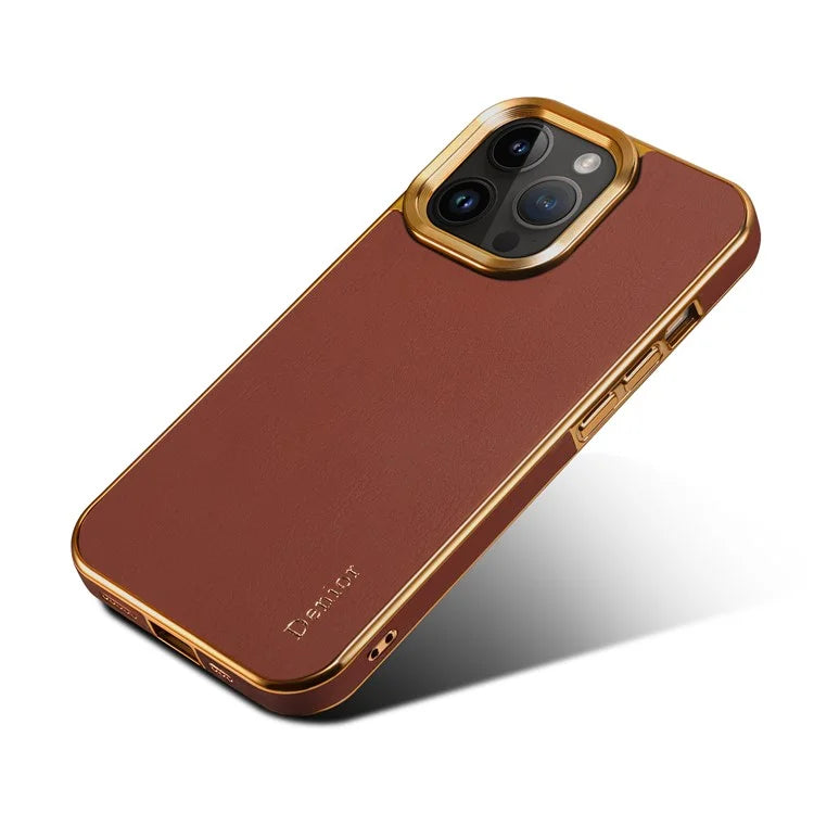 DENIOR For iPhone 16 Pro Max Case Genuine Cow Leather Coated PC+TPU Electroplating Phone Cover