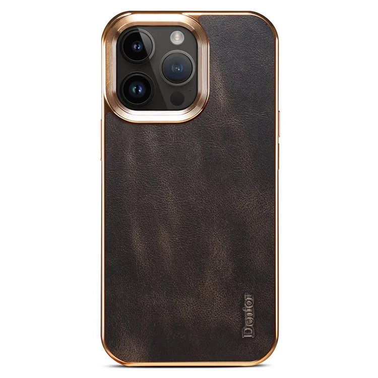 DENIOR For iPhone 16 Pro Max Case Waxy Texture Genuine Cow Leather Electroplating Back Cover