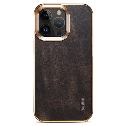 DENIOR For iPhone 16 Pro Max Case Waxy Texture Genuine Cow Leather Electroplating Back Cover