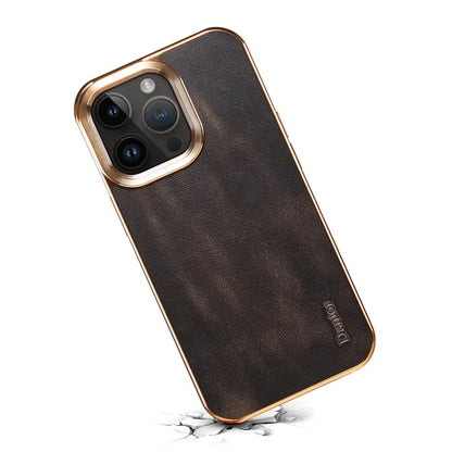 DENIOR For iPhone 16 Pro Max Case Waxy Texture Genuine Cow Leather Electroplating Back Cover