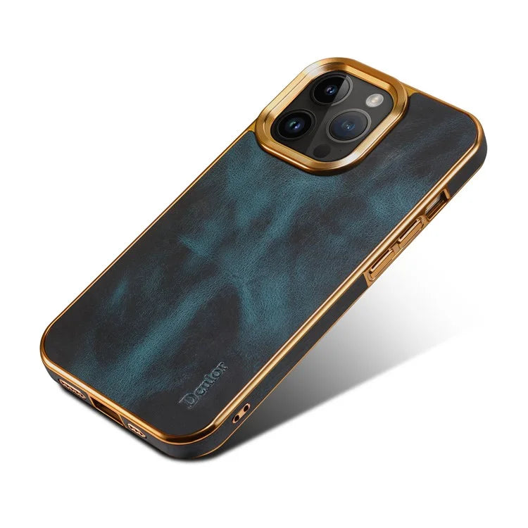 DENIOR For iPhone 16 Pro Max Case Waxy Texture Genuine Cow Leather Electroplating Back Cover