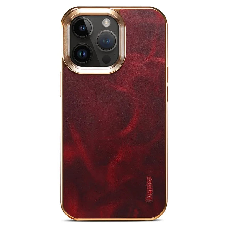 DENIOR For iPhone 16 Pro Max Case Waxy Texture Genuine Cow Leather Electroplating Back Cover
