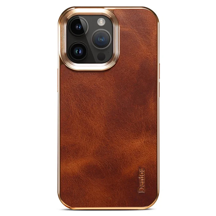 DENIOR For iPhone 16 Pro Max Case Waxy Texture Genuine Cow Leather Electroplating Back Cover