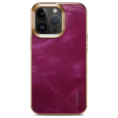 DENIOR For iPhone 16 Pro Max Case Waxy Texture Genuine Cow Leather Electroplating Back Cover