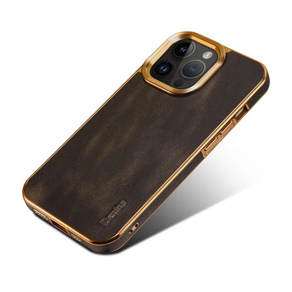 DENIOR For iPhone 16 Pro Case Waxy Texture Genuine Cow Leather Electroplating Back Cover