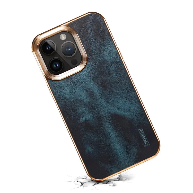 DENIOR For iPhone 16 Pro Case Waxy Texture Genuine Cow Leather Electroplating Back Cover