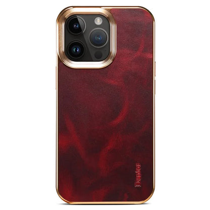 DENIOR For iPhone 16 Pro Case Waxy Texture Genuine Cow Leather Electroplating Back Cover