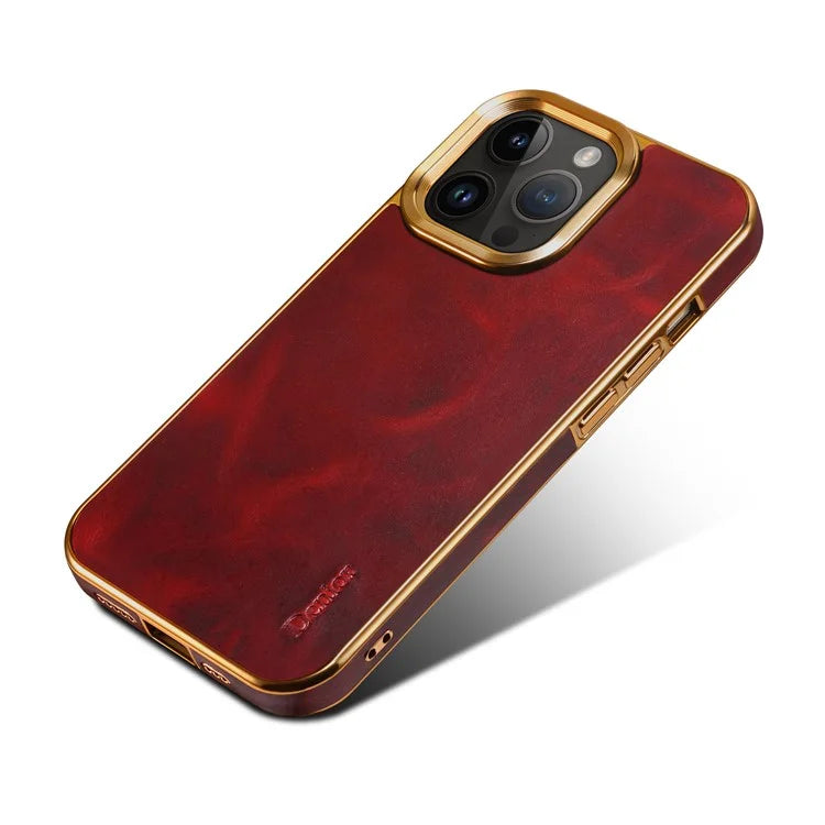 DENIOR For iPhone 16 Pro Case Waxy Texture Genuine Cow Leather Electroplating Back Cover