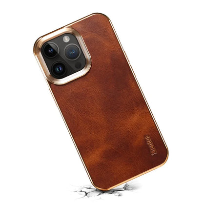DENIOR For iPhone 16 Pro Case Waxy Texture Genuine Cow Leather Electroplating Back Cover