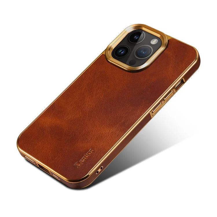 DENIOR For iPhone 16 Pro Case Waxy Texture Genuine Cow Leather Electroplating Back Cover