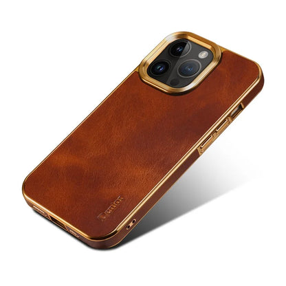 DENIOR For iPhone 16 Pro Case Waxy Texture Genuine Cow Leather Electroplating Back Cover