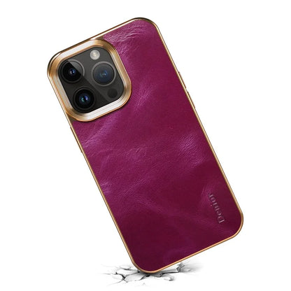 DENIOR For iPhone 16 Pro Case Waxy Texture Genuine Cow Leather Electroplating Back Cover