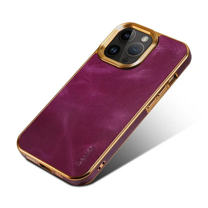 DENIOR For iPhone 16 Pro Case Waxy Texture Genuine Cow Leather Electroplating Back Cover
